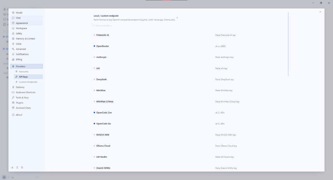 Hermes Settings on the Providers → API keys page, listing providers such as Fireworks AI, OpenRouter, Anthropic, xAI, DeepSeek, OpenCode Zen and OpenCode Go. OpenRouter, OpenCode Zen and OpenCode Go show masked keys; the others show “Paste … key” placeholders.