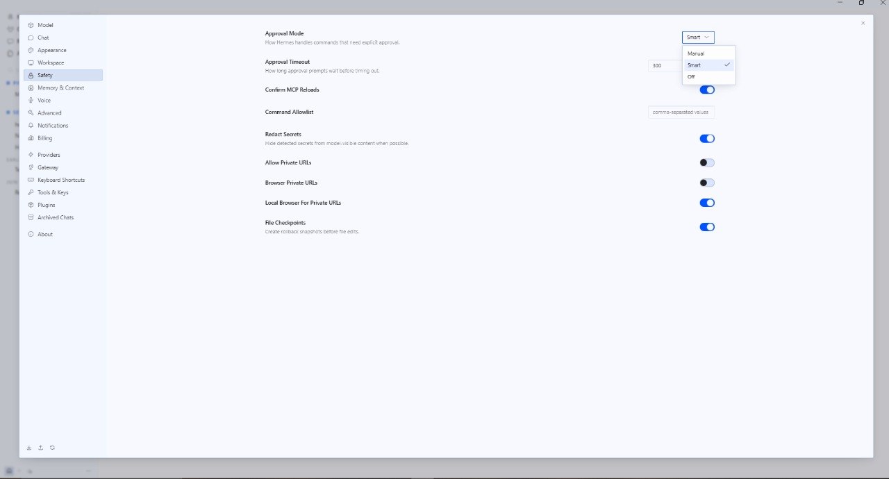 Hermes Settings on the Safety page. Approval Mode is set to Smart with a dropdown open showing Manual, Smart (ticked) and Off. Below it: Approval Timeout of 300, Confirm MCP Reloads, Command Allowlist, Redact Secrets, Allow Private URLs, Browser Private URLs, Local Browser For Private URLs and File Checkpoints toggles.