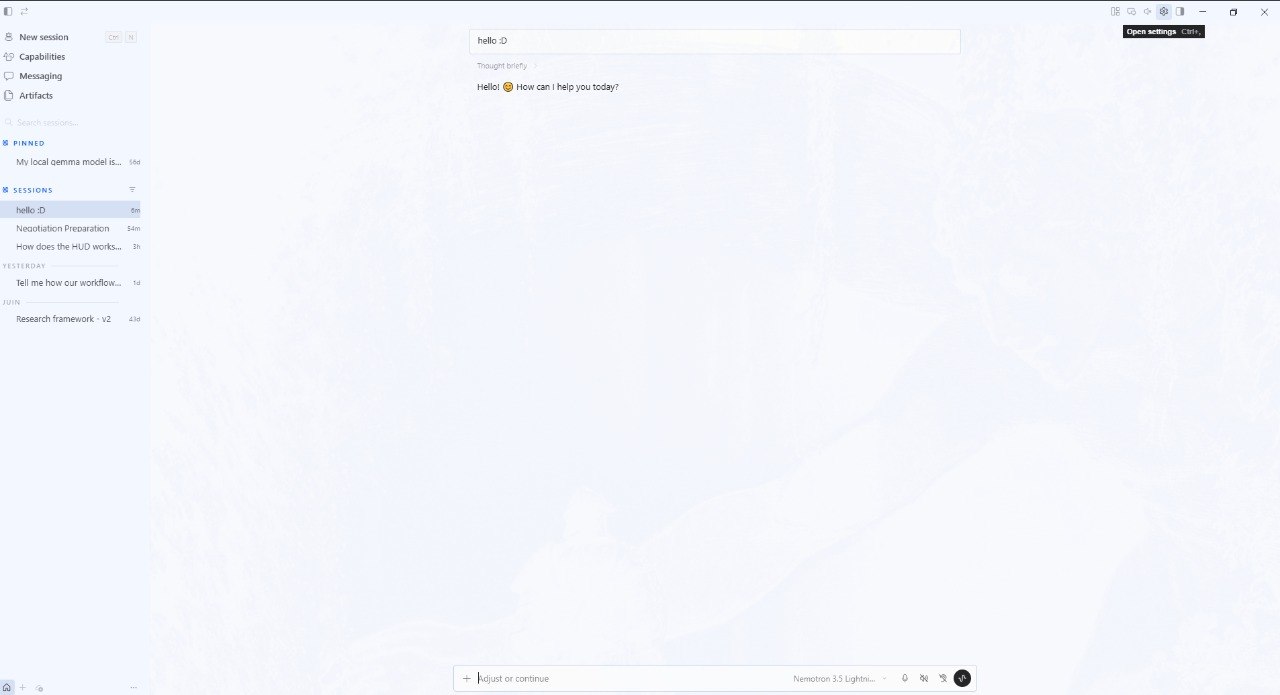 The Hermes chat window: a message reading “hello :D” and the agent replying “Hello! How can I help you today?”, with a sessions sidebar on the left and the settings gear highlighted top right showing an “Open settings” tooltip.