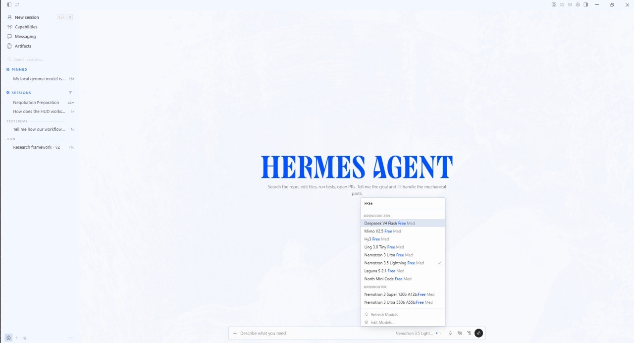 The Hermes model picker filtered by the word “free”, listing free models grouped under OpenCode Zen (Deepseek V4 Flash, Mimo V2.5, Hy3, Ling 3.0 Tiny, Nemotron 3 Ultra, Nemotron 3.5 Lightning, Laguna S 2.1, North Mini Code) and under OpenRouter (Nemotron 3 Super 120b, Nemotron 3 Ultra 550b).