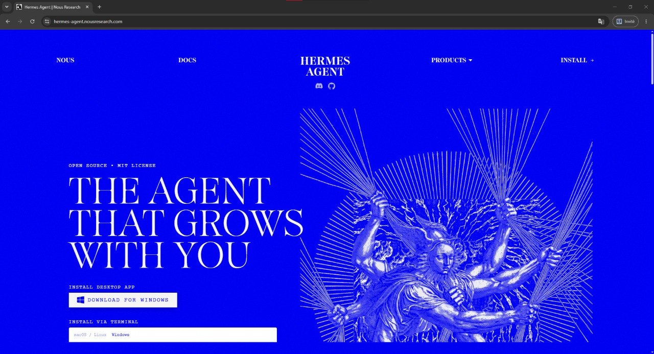 The hermes-agent.nousresearch.com home page: “The agent that grows with you”, an “Install Desktop app” section with a Download for Windows button, and an “Install via terminal” box offering macOS, Linux and Windows.