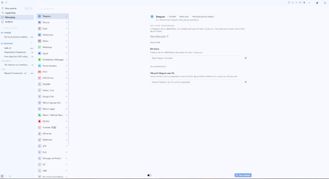 The Hermes Messaging settings: a list of platforms down the left (Telegram, Discord, Slack, Mattermost, Matrix, WhatsApp, Signal, Email and more) with Telegram selected. The panel shows Telegram marked Disabled / Needs setup / Messaging gateway stopped, a “Get your credentials” note pointing at @BotFather and @userinfobot, a required Bot token field, and a recommended “Allowed Telegram user IDs” field warning that without it anyone can DM your bot.