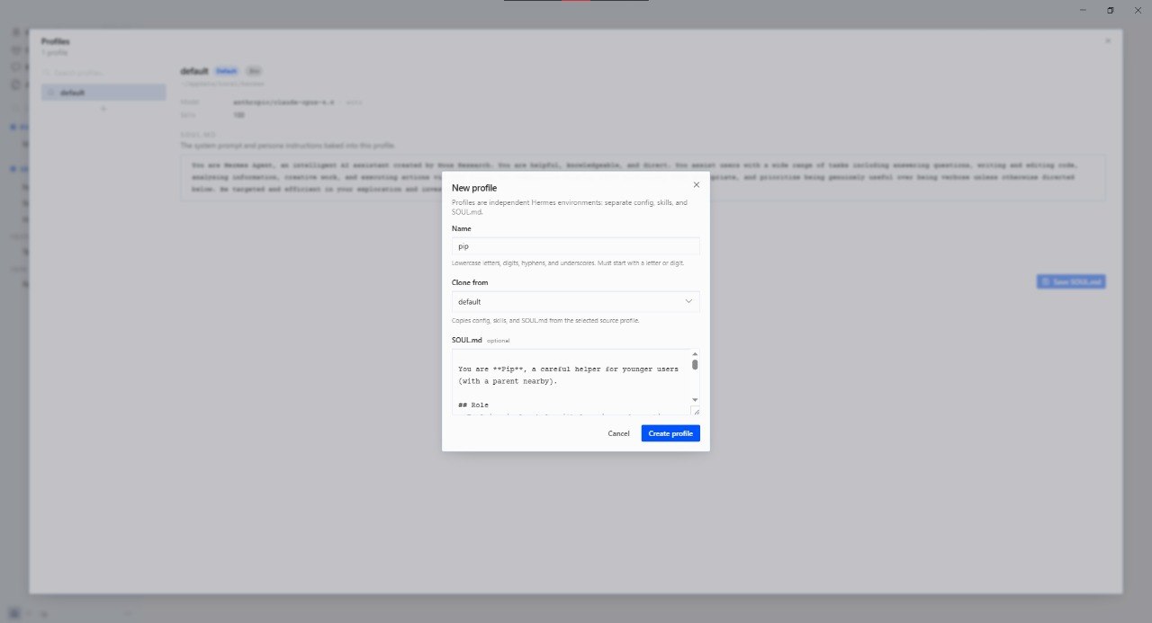 The Hermes “New profile” dialog: a Name field containing “pip”, a “Clone from” dropdown set to default, and a SOUL.md text area holding the kids-safe template beginning “You are **Pip**, a careful helper for younger users (with a parent nearby).”