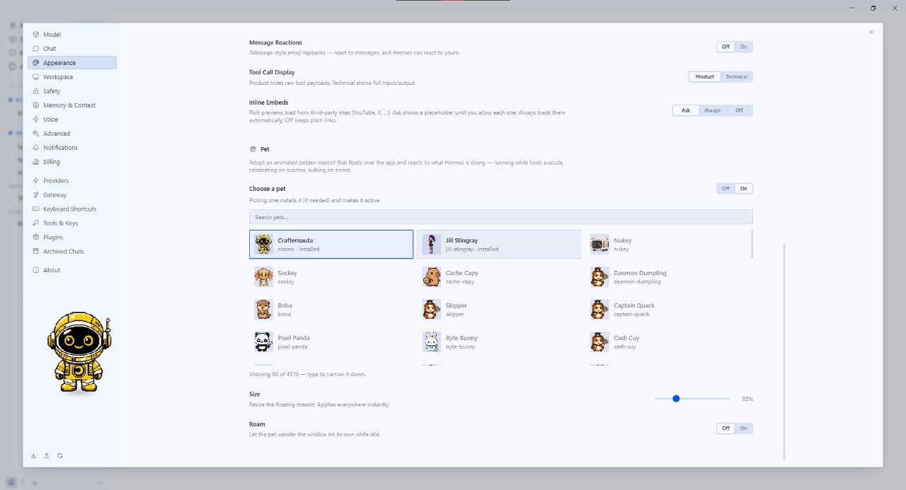 Hermes Settings on the Appearance page, showing a “Pet” section with a “Choose a pet” grid of mascots such as Crafternauta, Jill Stingray, Nukey, Socksy and Cache Capy, plus Size and Roam controls, and a large yellow robot mascot previewed in the sidebar.