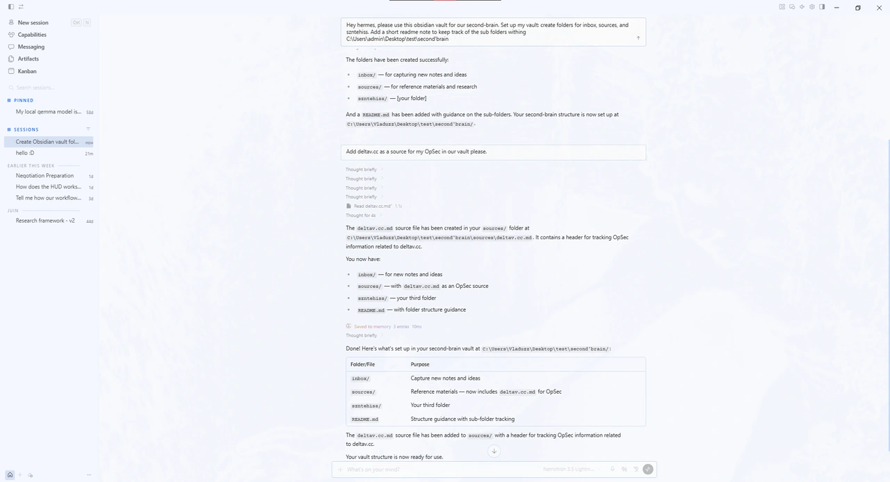 A Hermes chat: the user asks it to use an Obsidian vault as their second-brain and create inbox, sources and synthesis folders with a README. The agent confirms the folders and README were created, then in a second message adds deltav.cc as a source file under sources/, and finishes with a table listing each folder and its purpose.